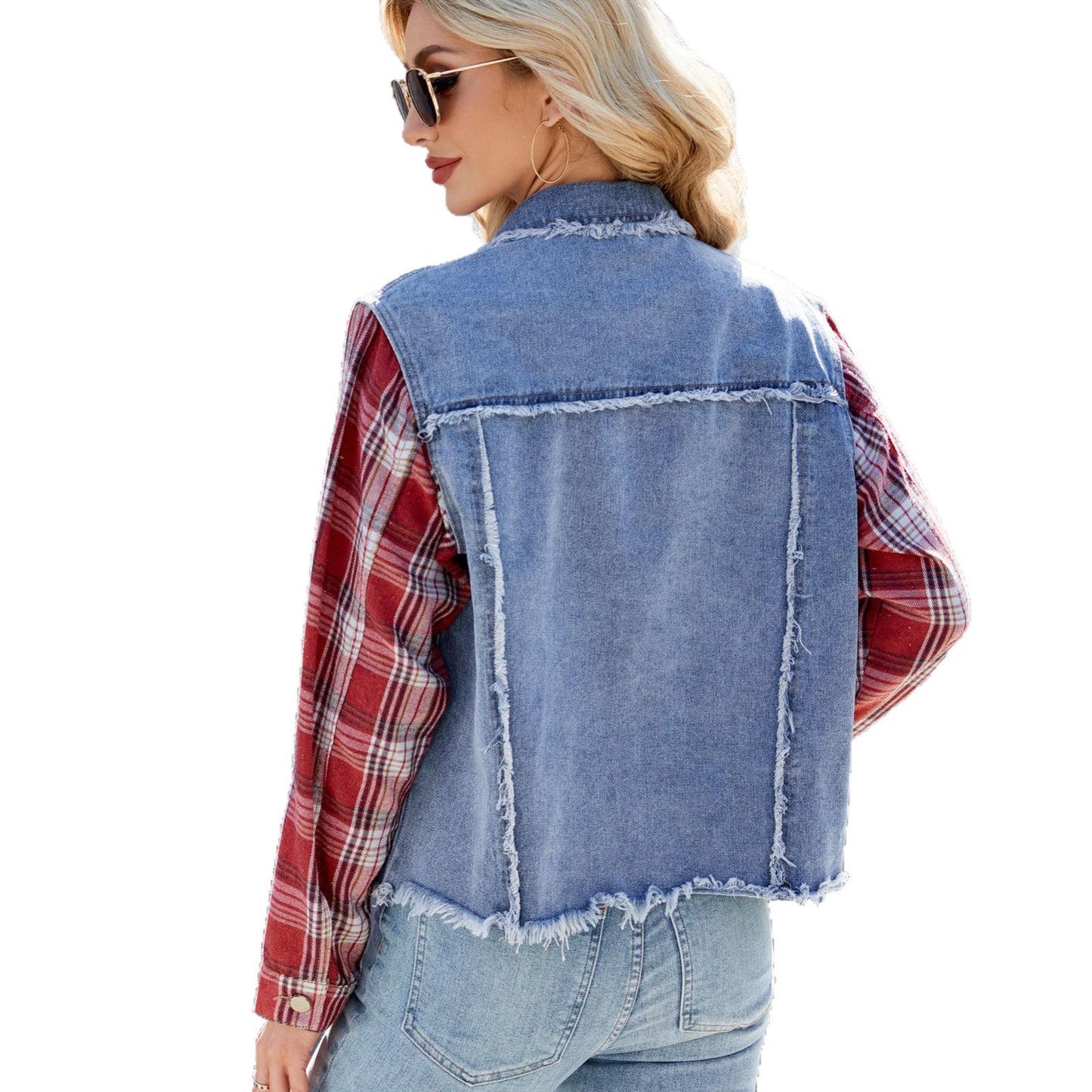 Women's Washed Long Sleeve Stitching Plaid Tassel Jackets