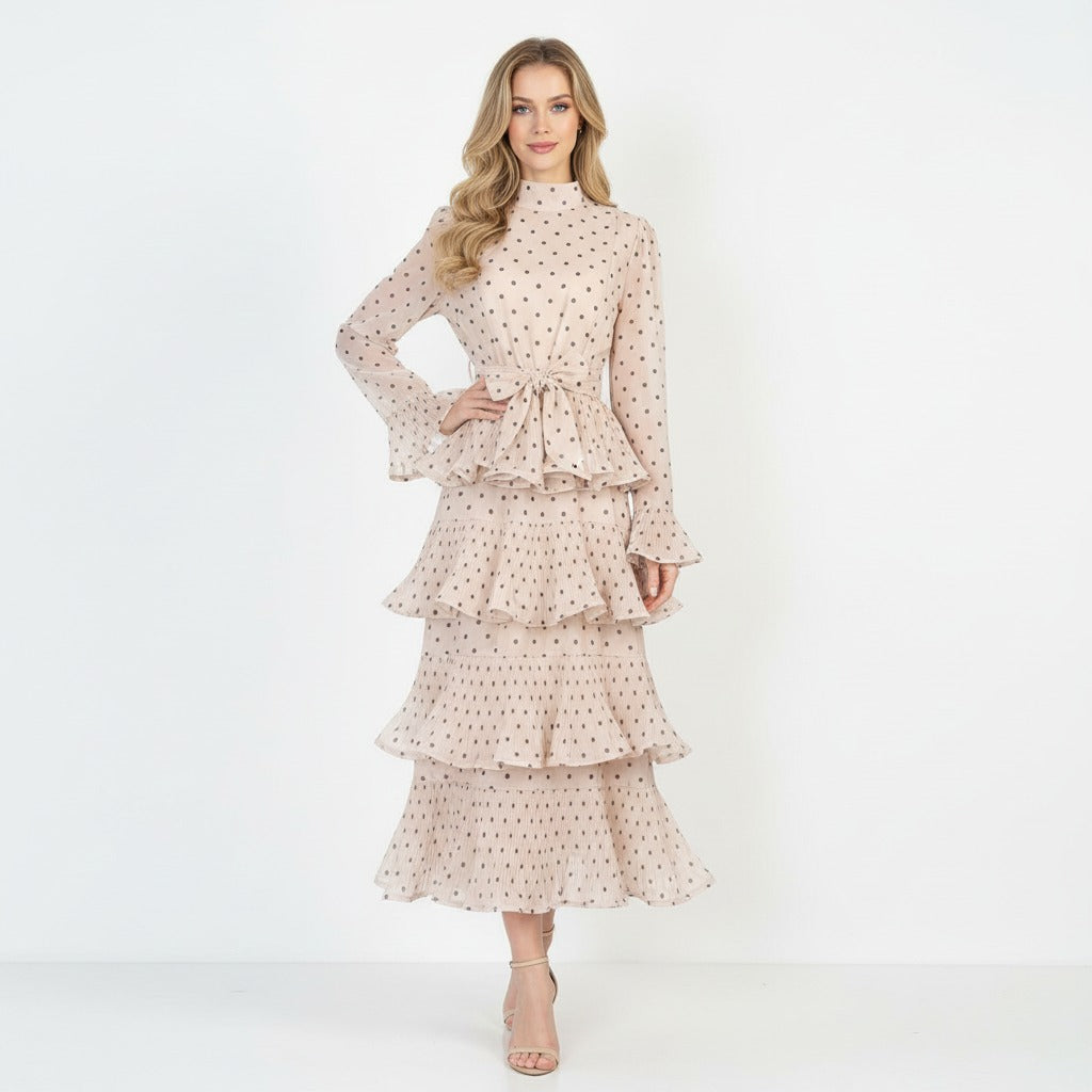Flared Long Sleeve Stand-up Collar Tie Waist Dresses