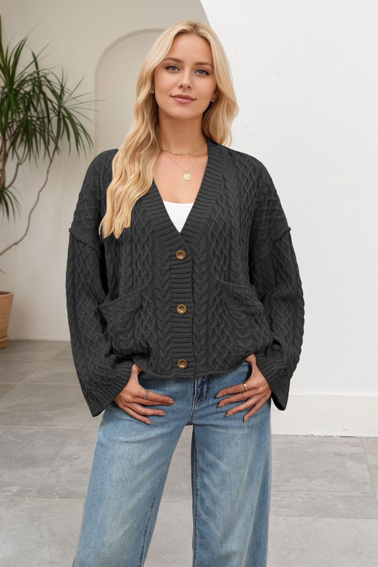 Solid Color Twist Single-breasted Double Pocket Sweaters