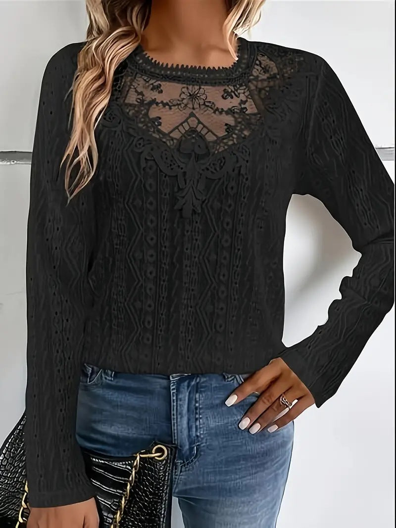 Solid Color Lace Stitching Hollow Long Women's T-shirt