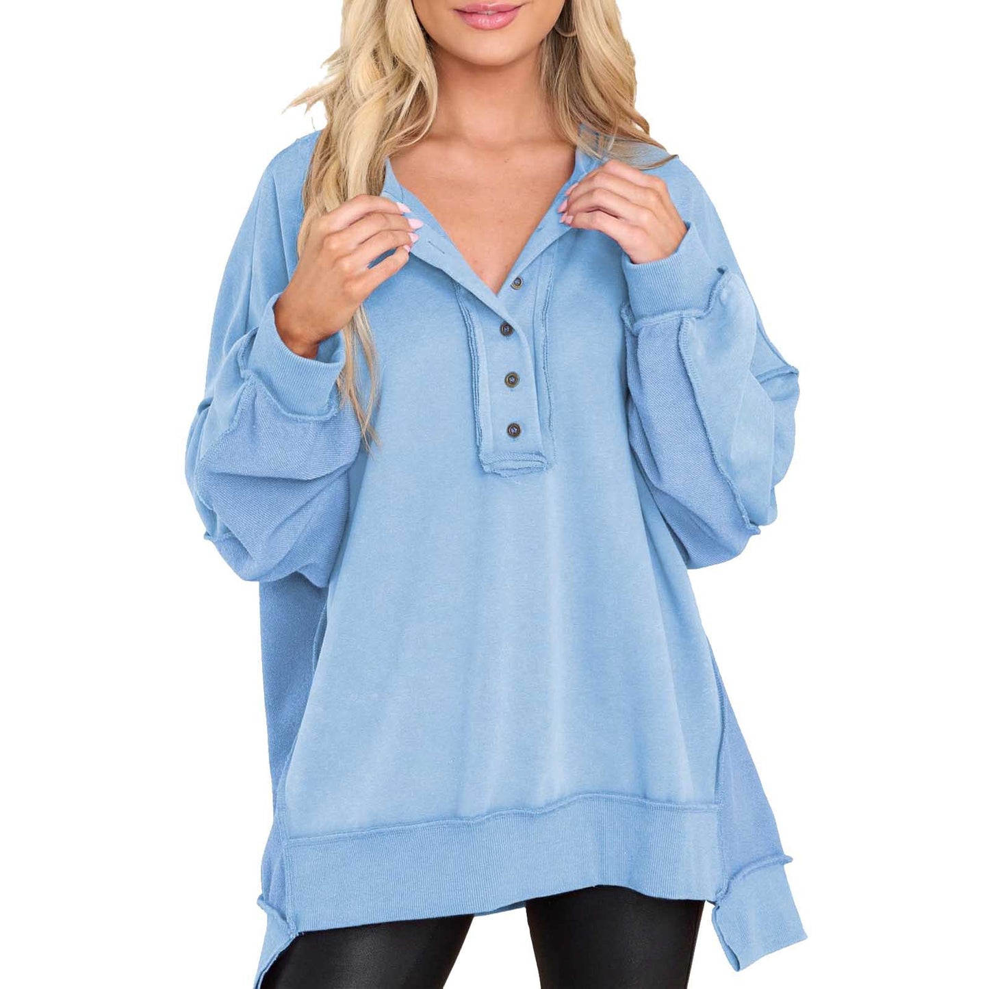Women's Round Neck Solid Color Buttons Loose Tops