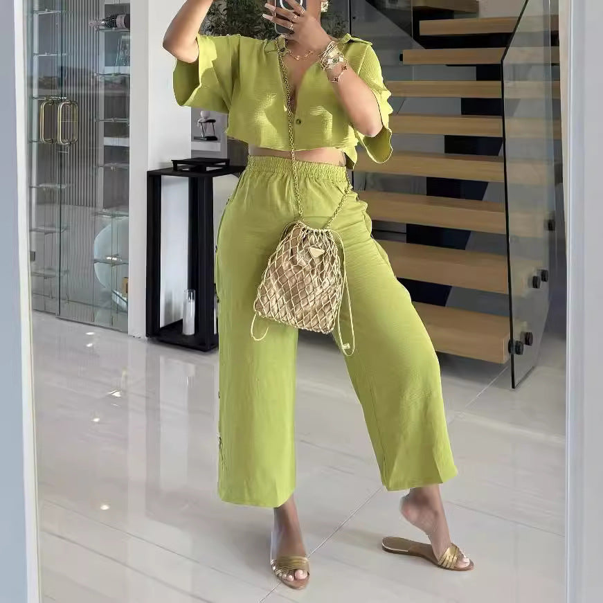 Classic Women's Cropped Lapel Shirt Two-piece Fashion Casual Suit