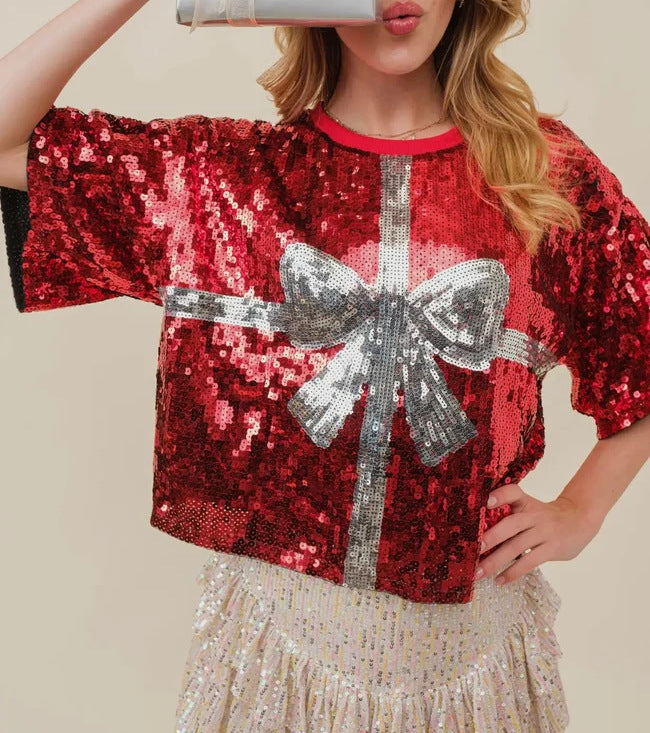 Women's Summer Sequins Loose-fitting T-shirt Round Neck Blouses