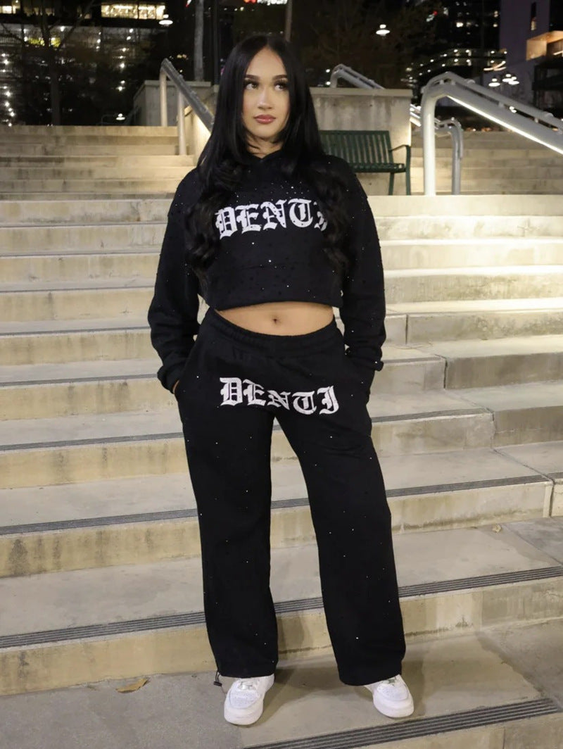 Women's Fashion Printed Letters Rhinestone Casual Sports Suits