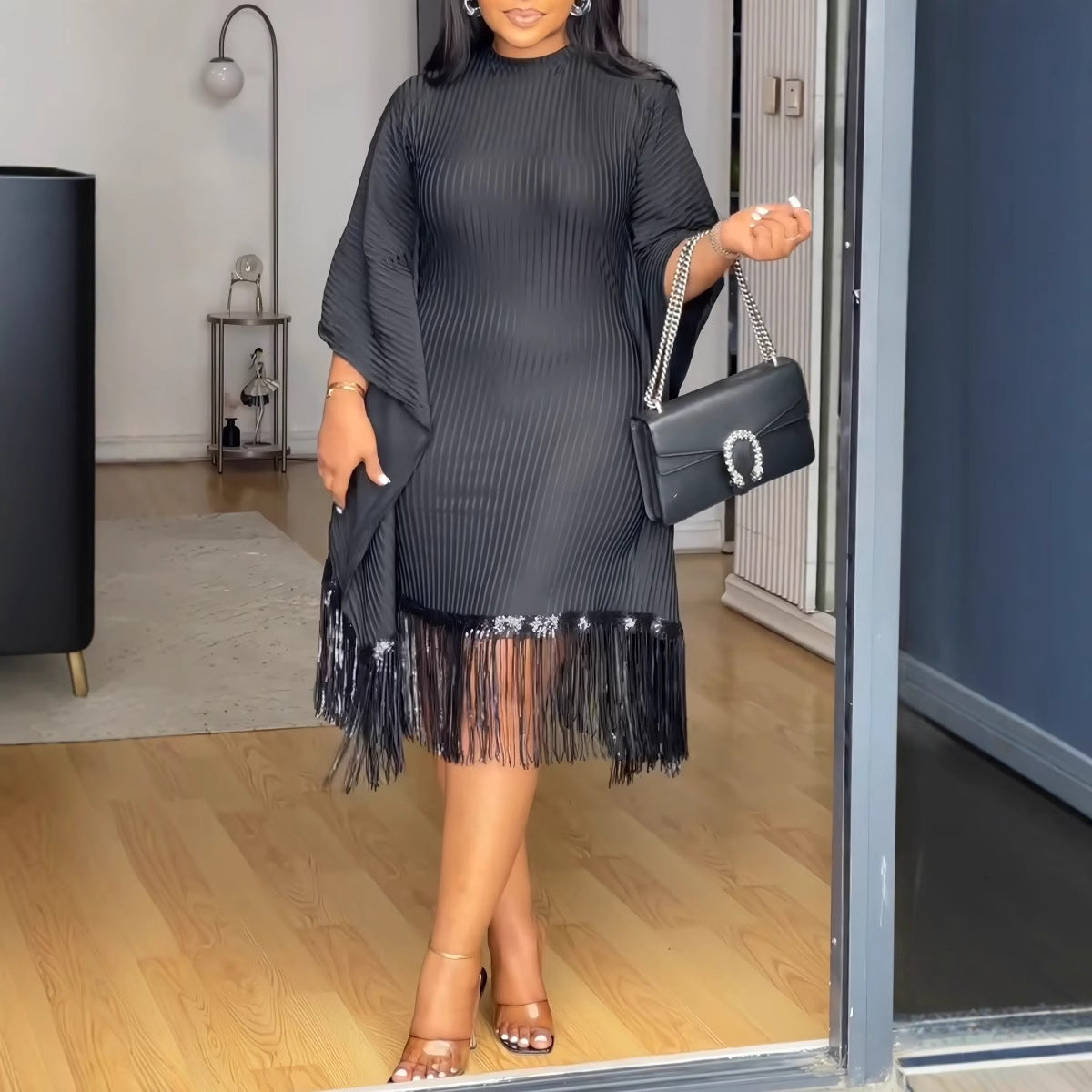 Sequined Tassel Batwing Sleeve Elastic Hip Dress
