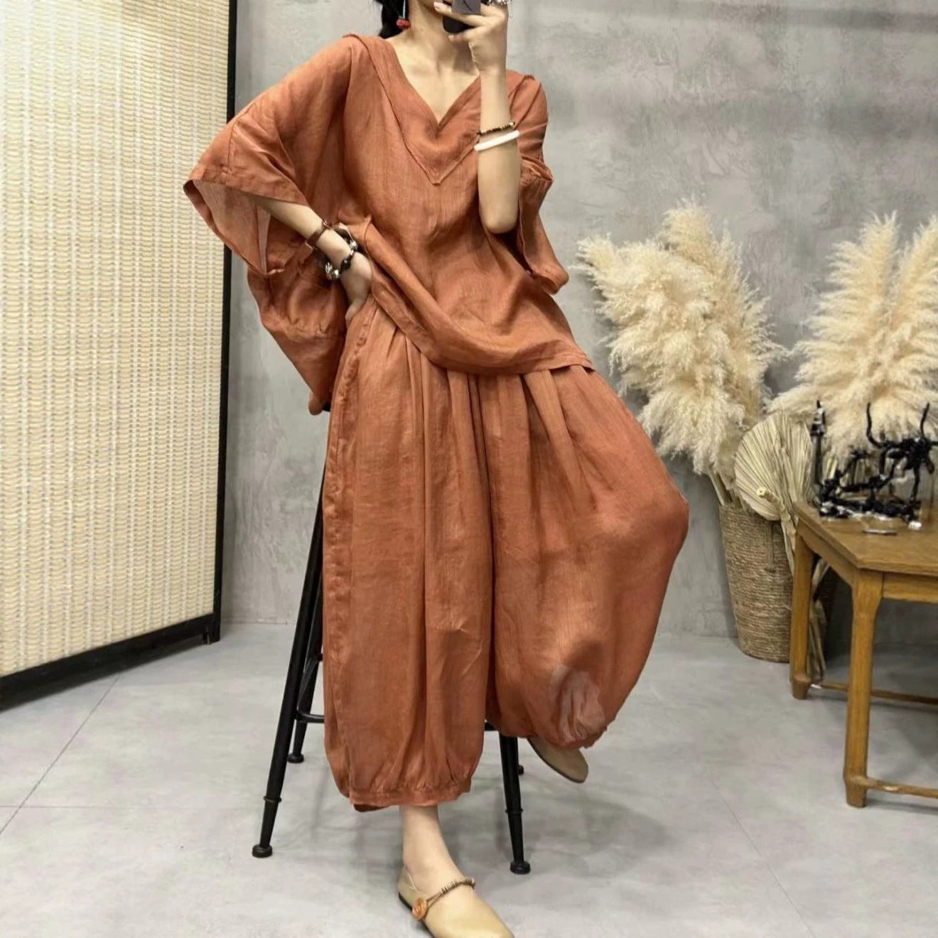 Fine Ramie Fashionable Stylish Pullover Artistic Loose Thin Fashion Casual Suit