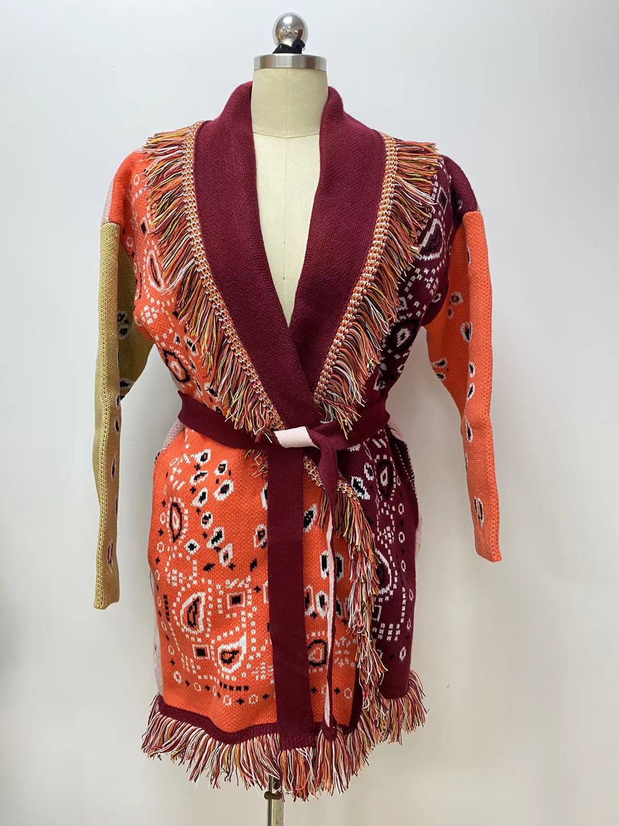 Bohemian Tassel Jacquard Mid-length Loose Lapels Sweaters