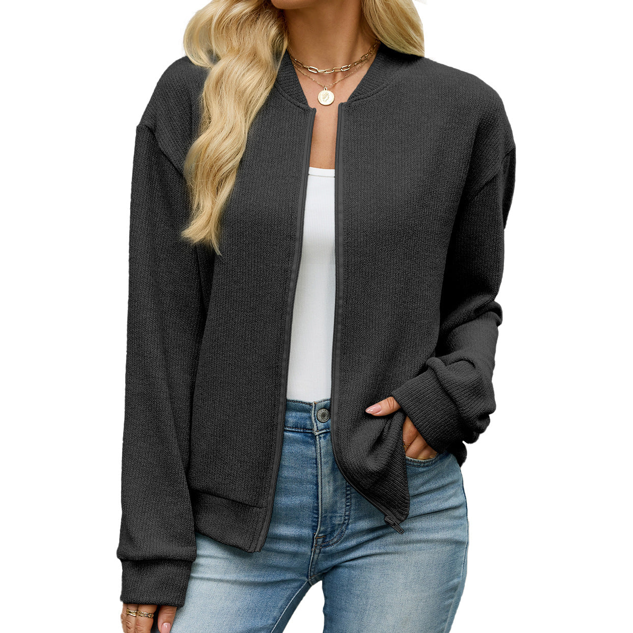 Women's Solid Color Loose Zip Long Sleeve Casual Women's Sweater, Sweater