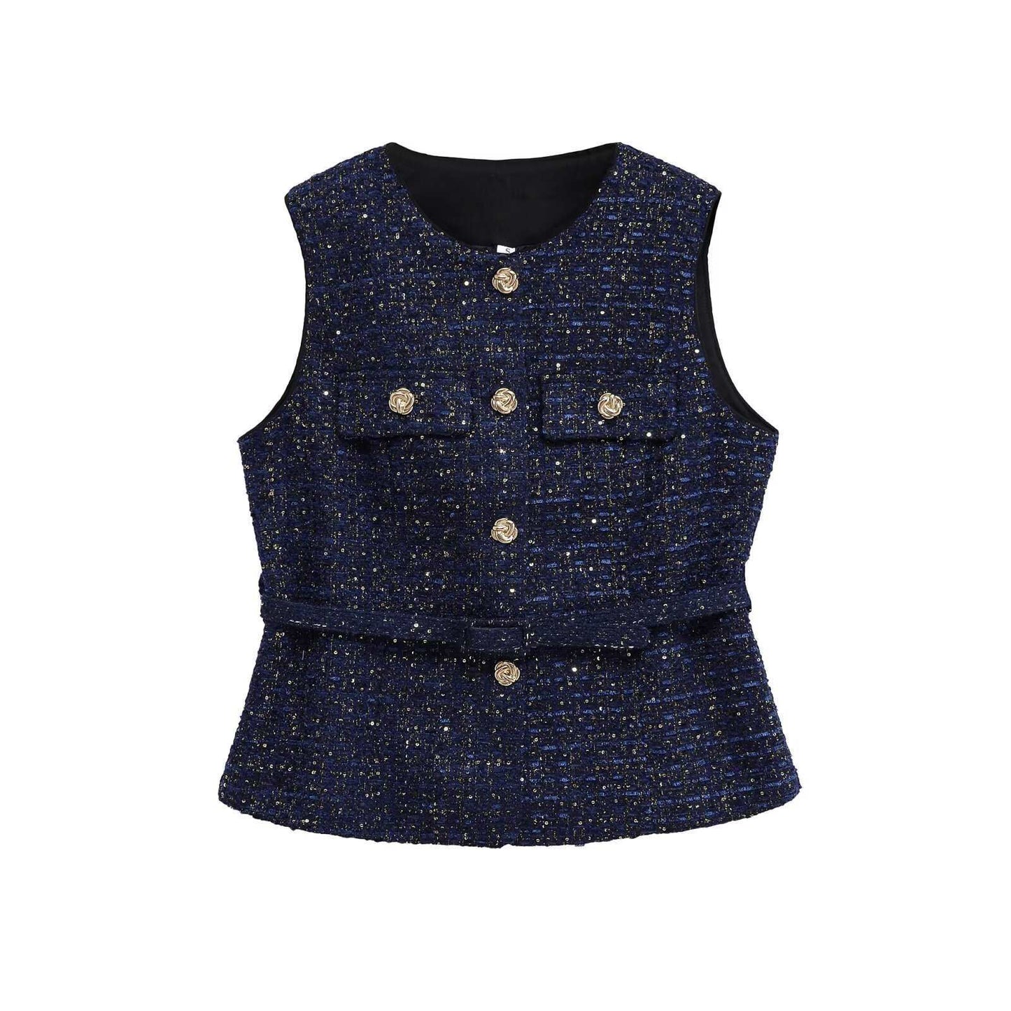 Women's Round Neck Decorative Waist Belt Classic Tops