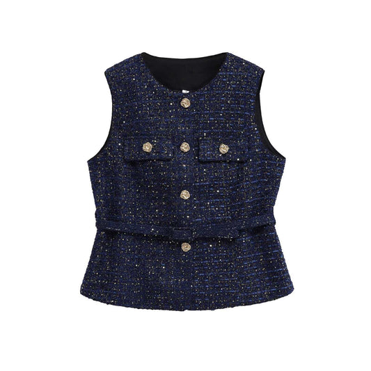 Women's Round Neck Decorative Waist Belt Classic Tops