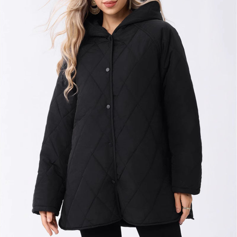 Women's Hooded Rhombus Plaid Quilted Black Coats