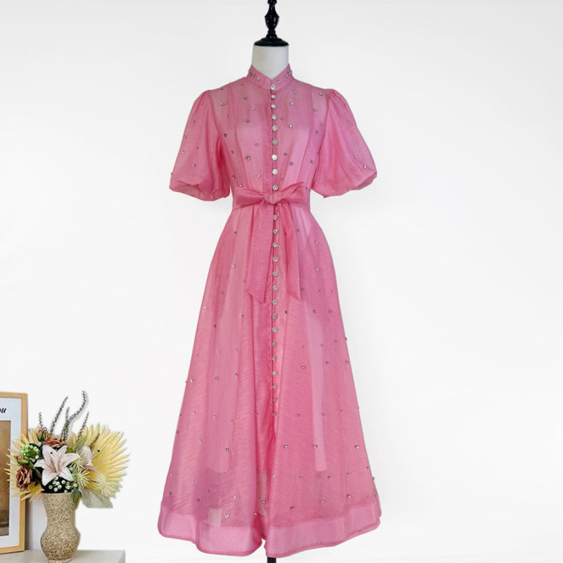 Women's Single-breasted Stand-up Collar Puff Sleeve Dress Dresses