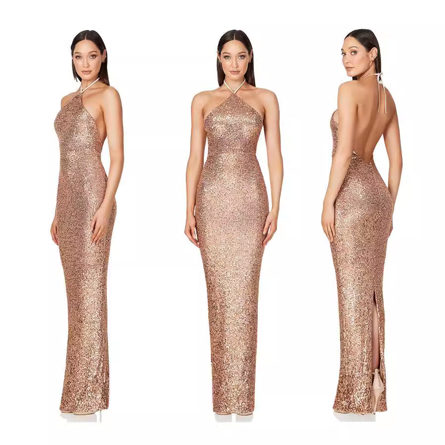 Women's Hot French Dress Split Sequined Hanging Dresses