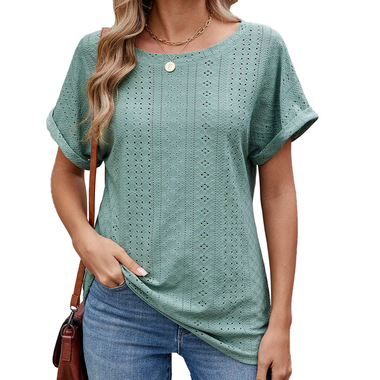 Women's Solid Color Round Neck Sleeves Loose-fitting Casual Women's T-shirt