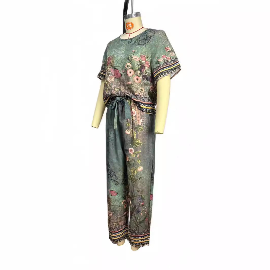 Sleeves Trousers Vintage Printed Bow Tie Temperament Fashion Casual Suit