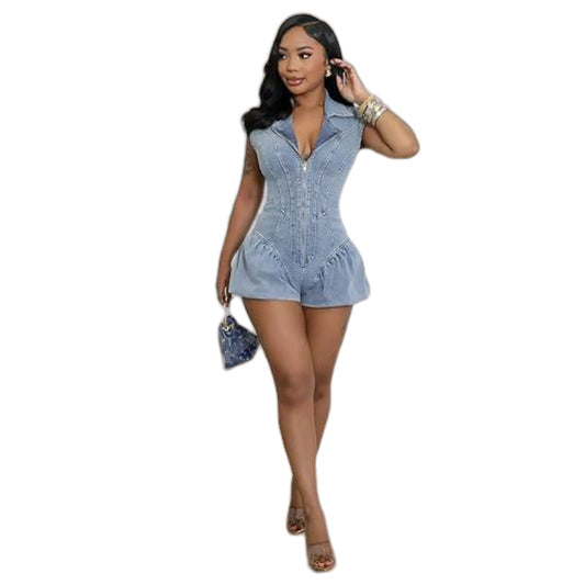 Graceful Popular Denim Sleeveless Stretch Lantern Jumpsuits