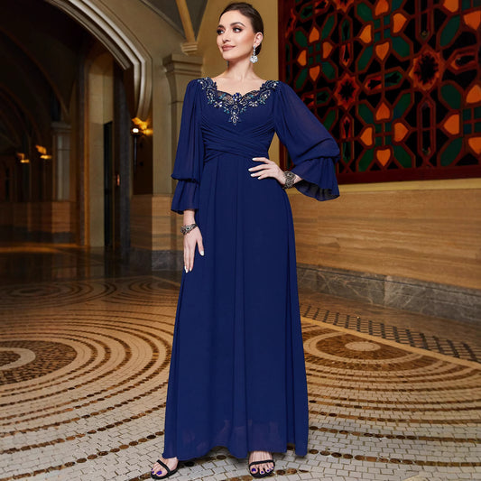 Navy Blue Chiffon Stitching Lace Collar Dresses