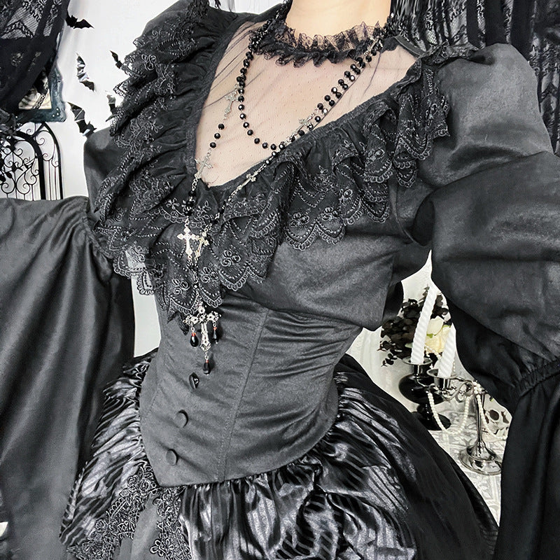 Autumn Lace Stitching Sleeves Ji Dark Blouses