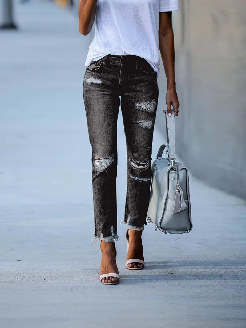 Glamorous Women's Solid Color Ripped Straight Jeans