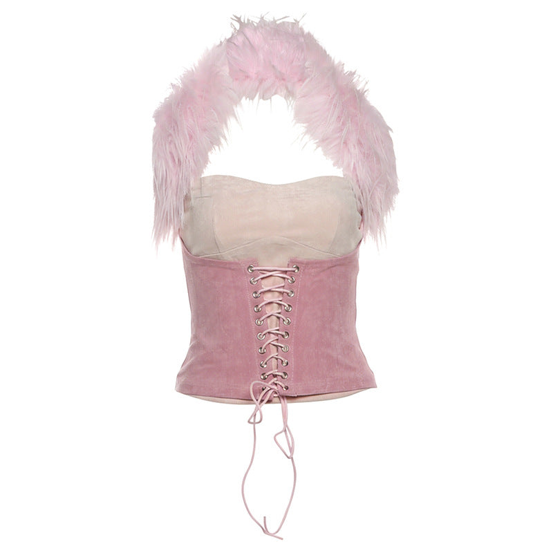 Women's Pleated Waist Tight Solid Color Fur Blouses