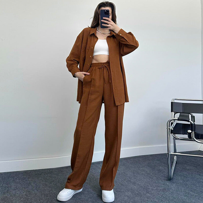 Women's Lady Loose Long-sleeved Shirt Trousers Two-piece Suits