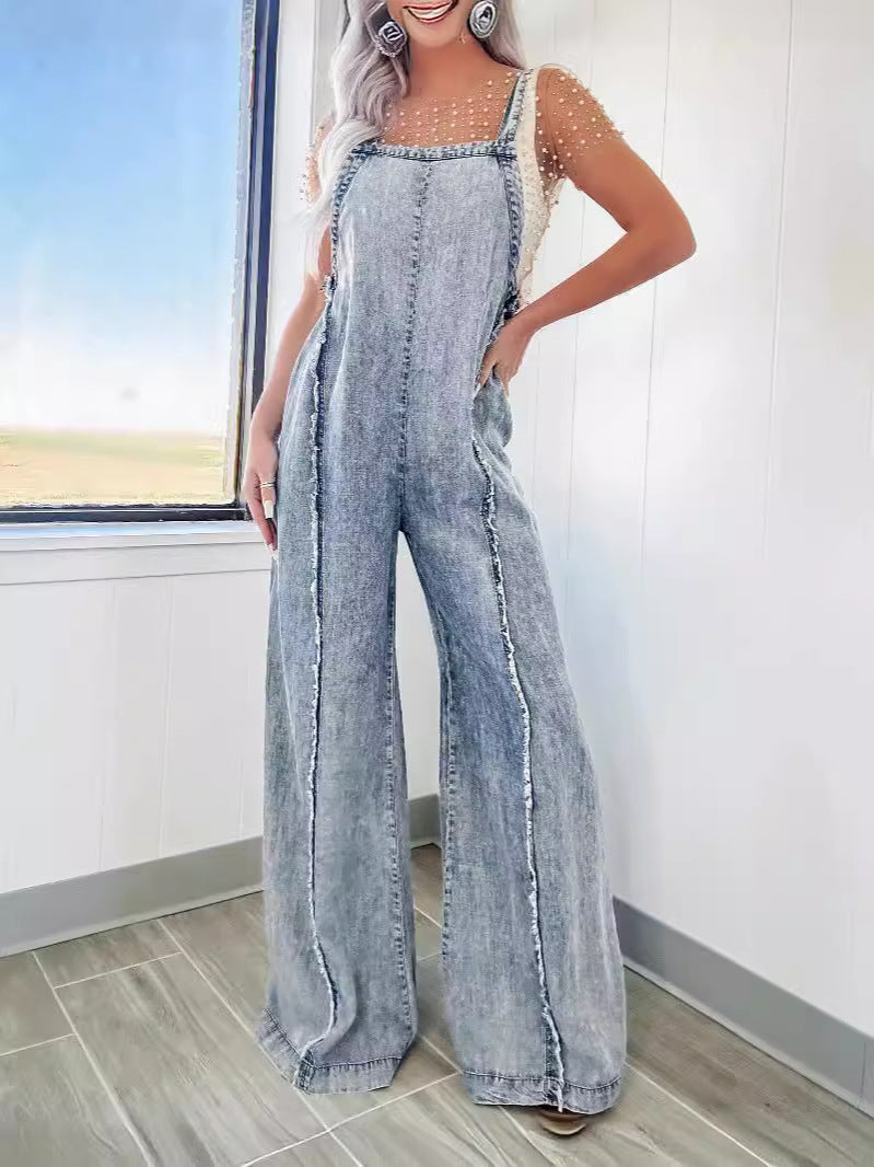 Women's Overalls Retro Washed Raw Hem Wide Jumpsuits