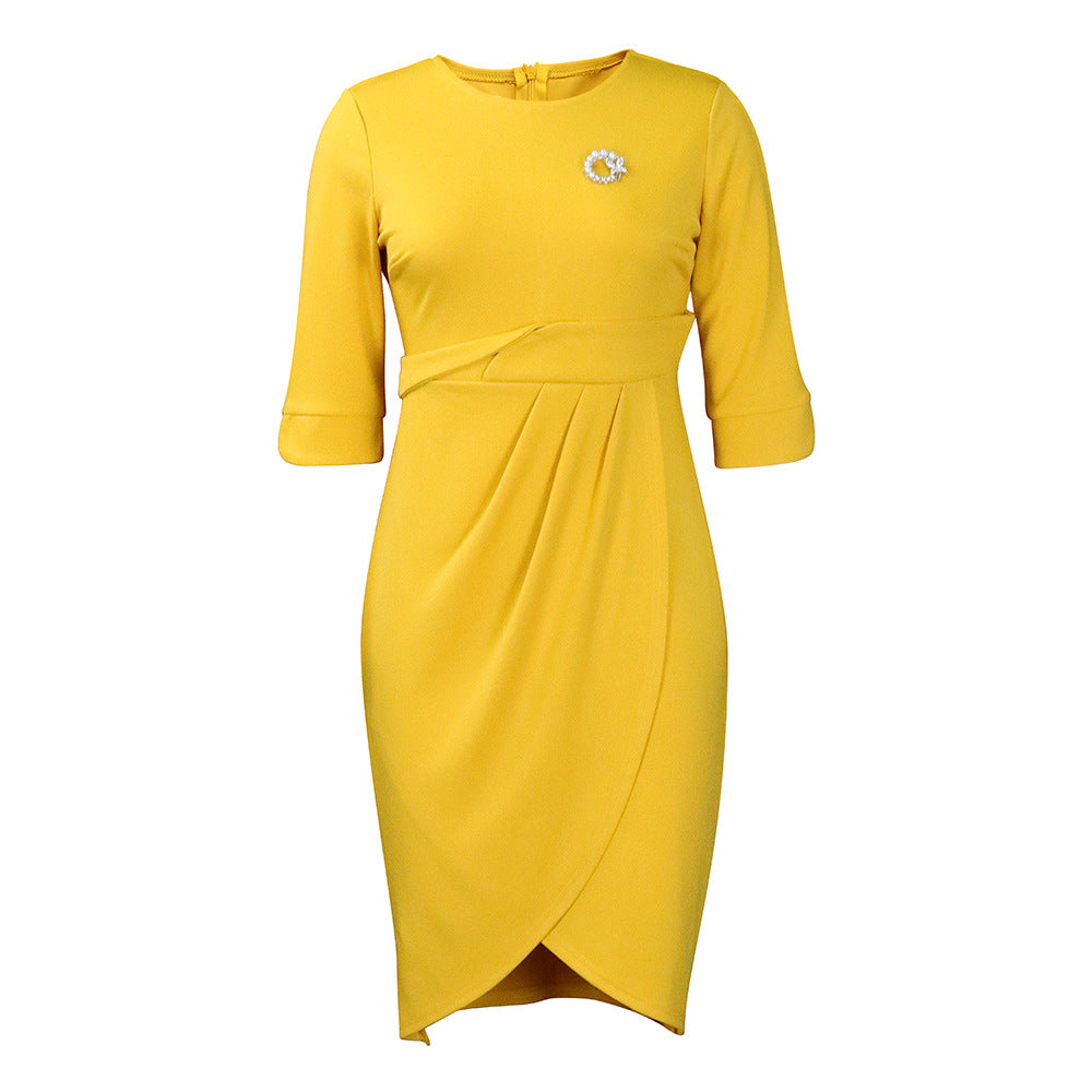 Women's Large Summer Elegant Pleated With Brooch Dress