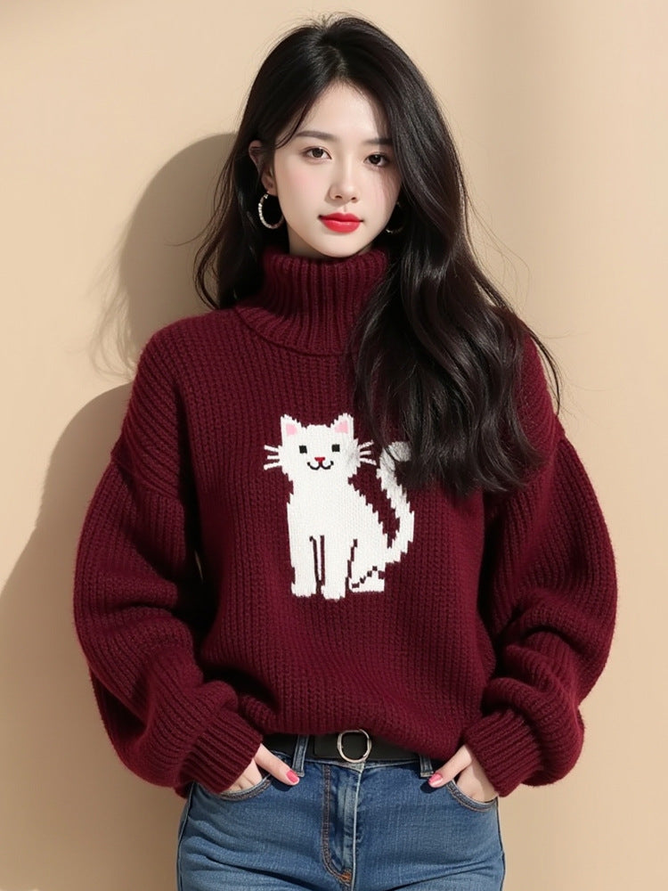 Women's Red Kitten Turtleneck Thick Winter Idle Style Sweaters
