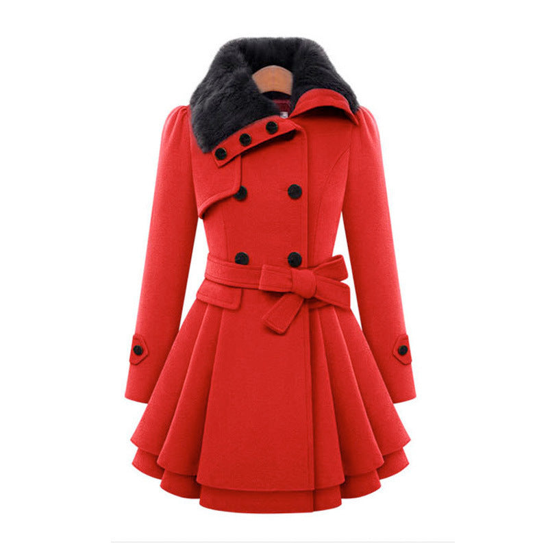 Women's Large Mid-length Woolen Double-breasted Padded Fur Coats