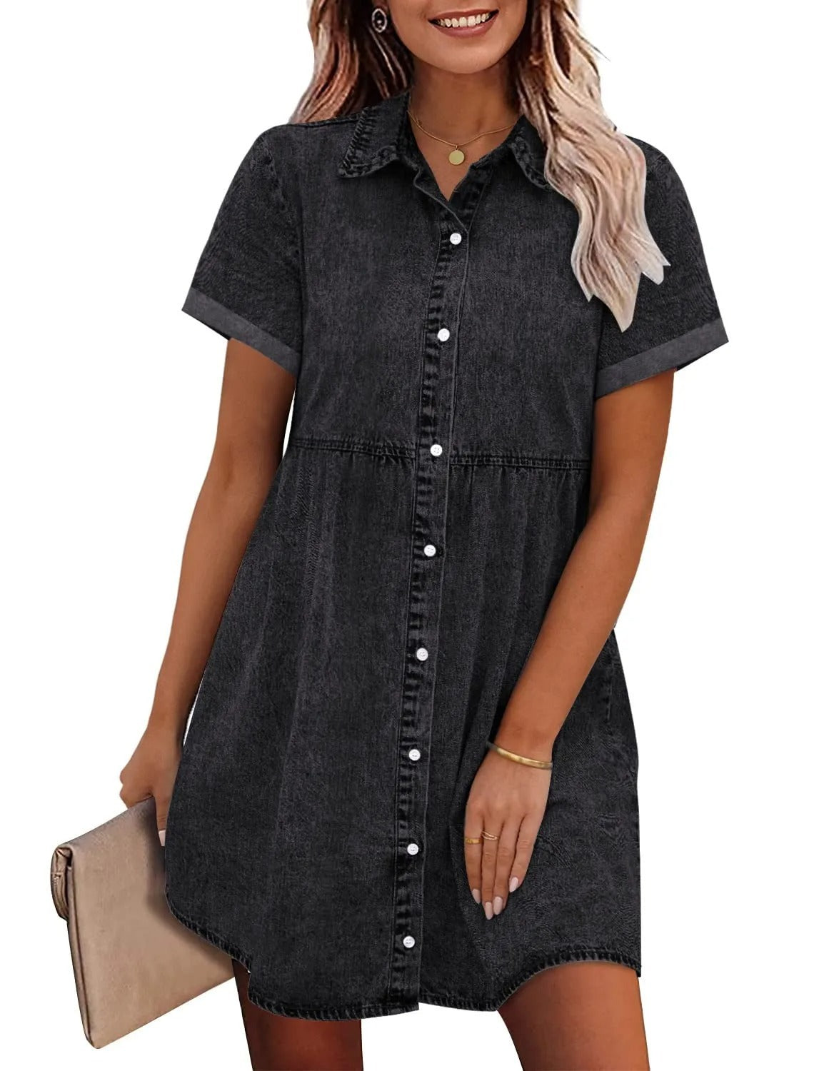 Washed Denim Lapel Loose Sweet Lotus Dresses