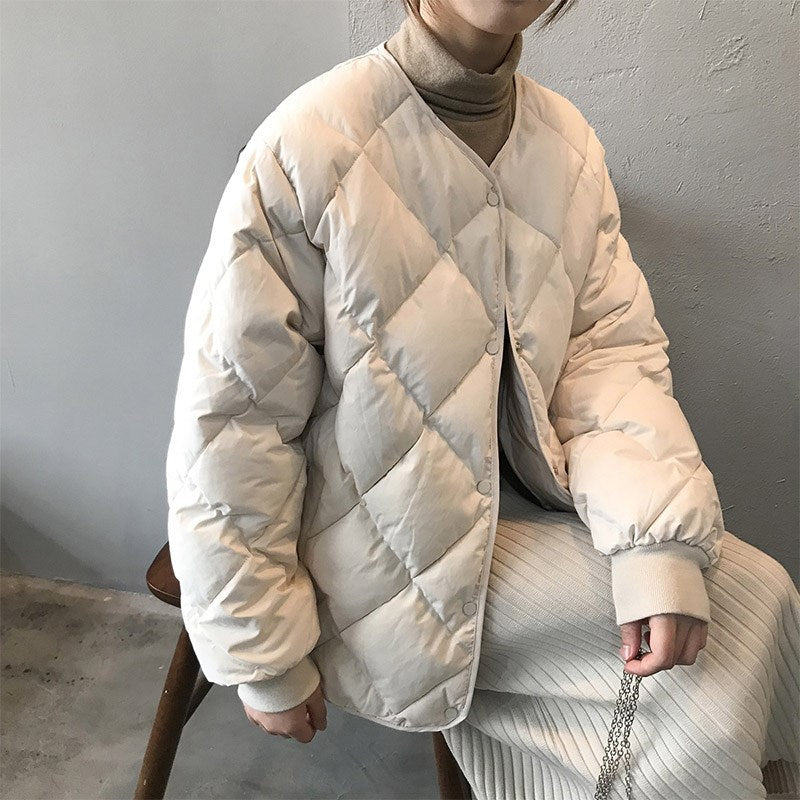 Women's Collarless Rhombus Down Korean Loose-fitting Lightweight Coats
