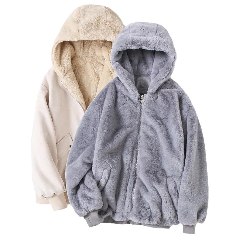Women's Hooded Reversible Artificial Fur Effect Thick Coats