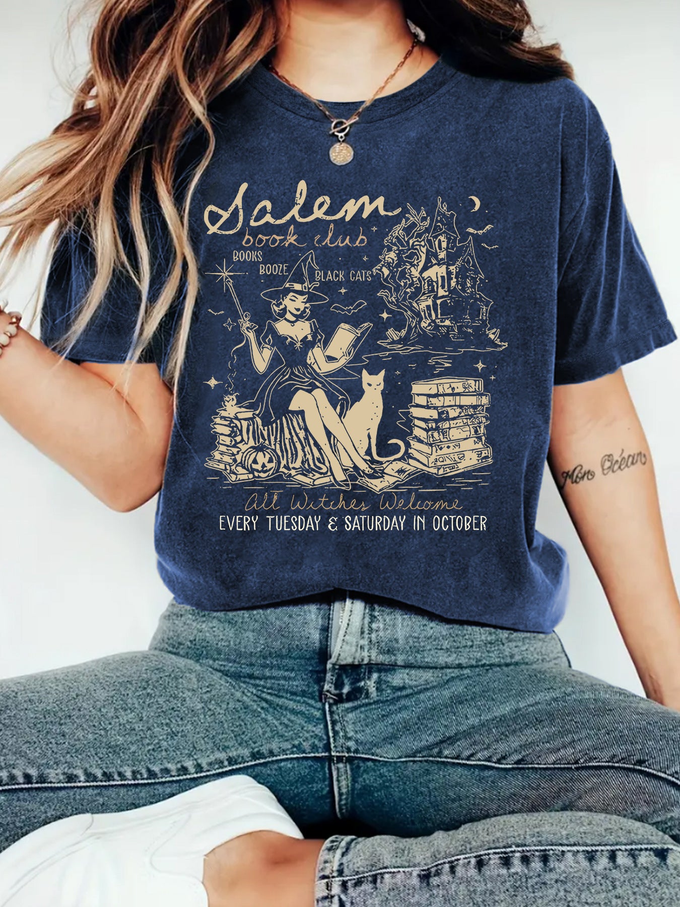 Women's Summer Salem Witch Pattern Halloween Printed Round Neck Women's T-shirt