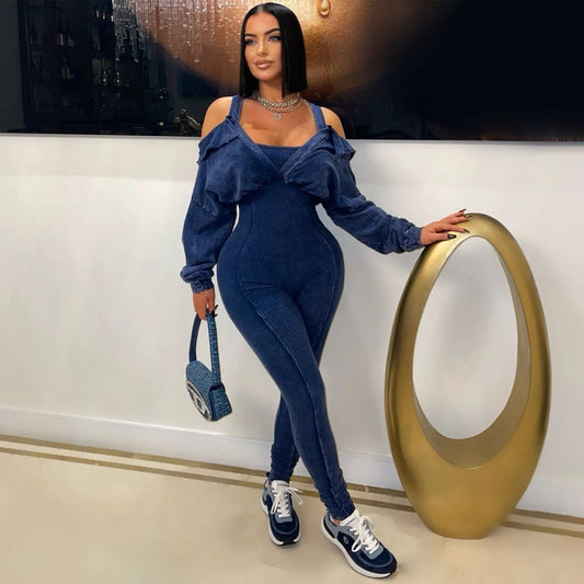 Women's Fashion Wear Washed Old Sexy Cold-shoulder Jumpsuits