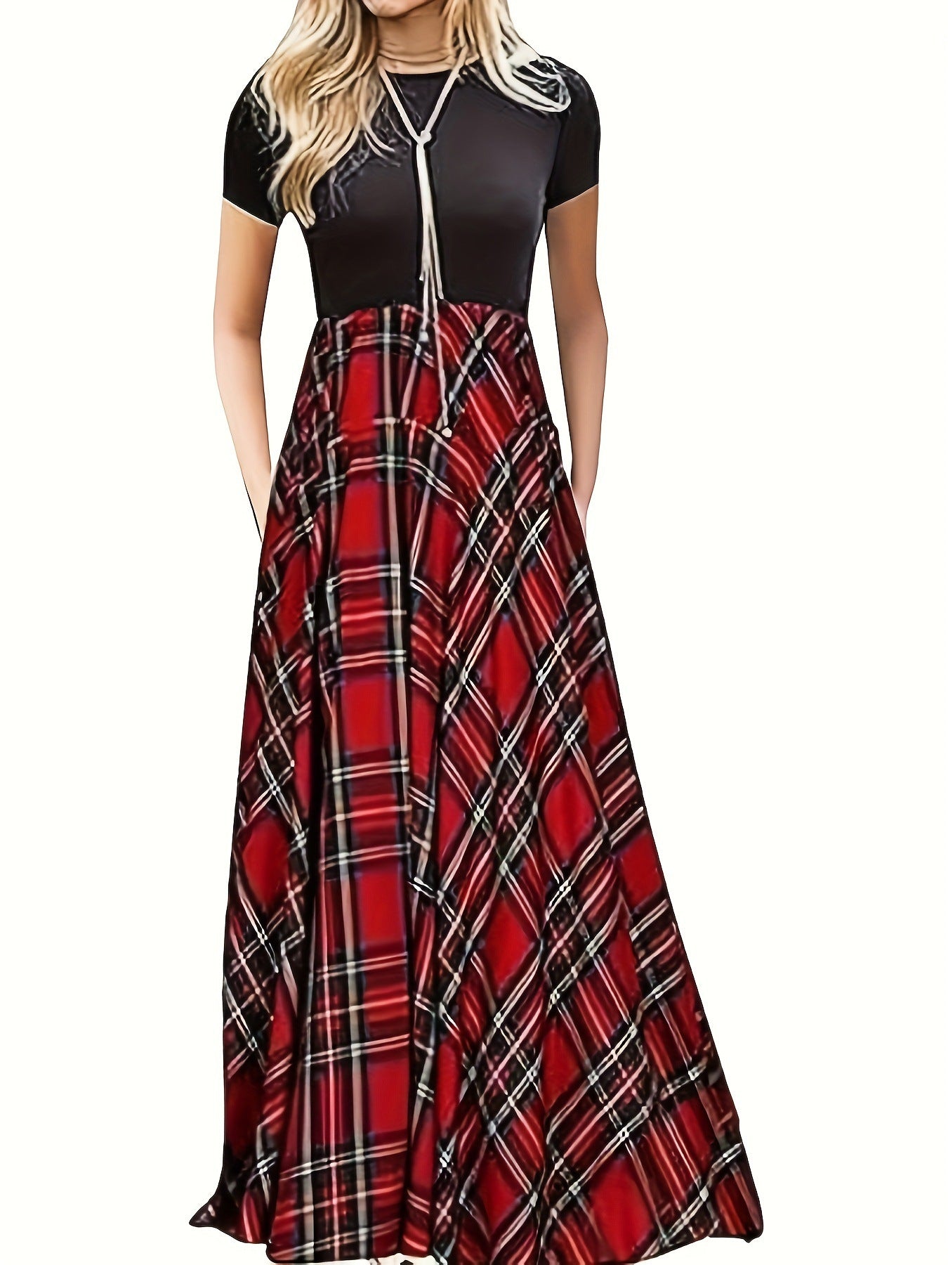 Women's Stitching Contrast Color Check Fashion Casual Dress