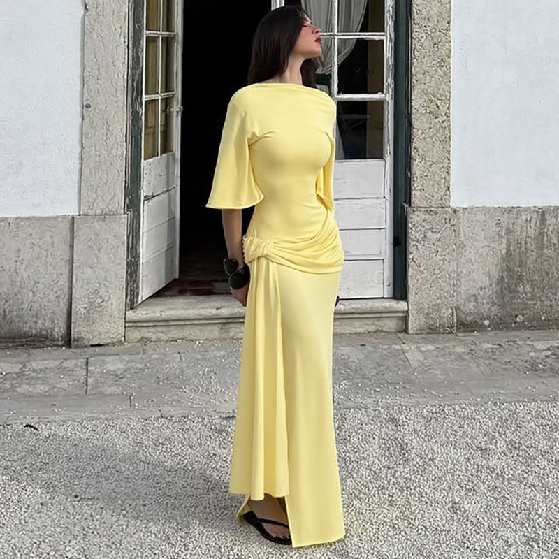 Women's French Style Design Fashion Backless Laminated Decoration Long Dresses