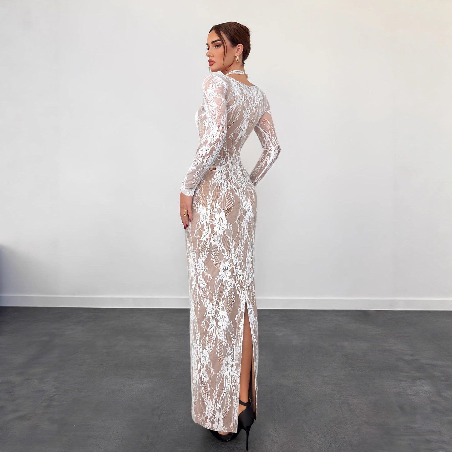 Women's Lace Stitching Back Zipper Slim Fit Slit Dresses