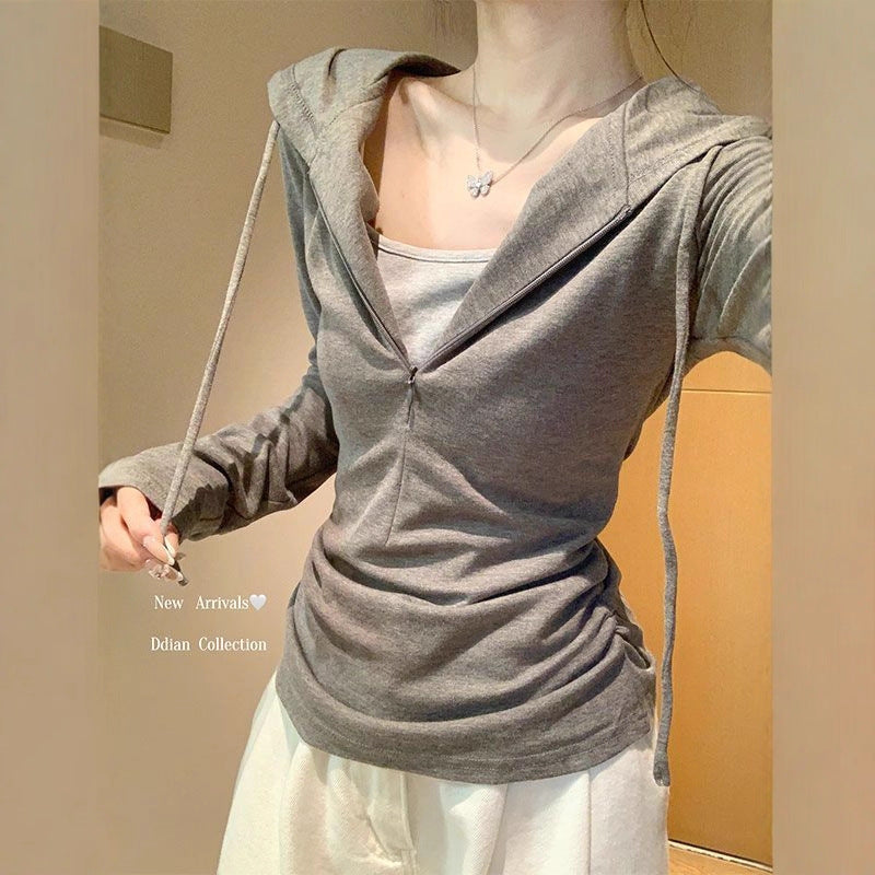 Women's Gray Half Zipper Fake Two-piece Hooded Long-sleeved Sportswear Women's T-shirt