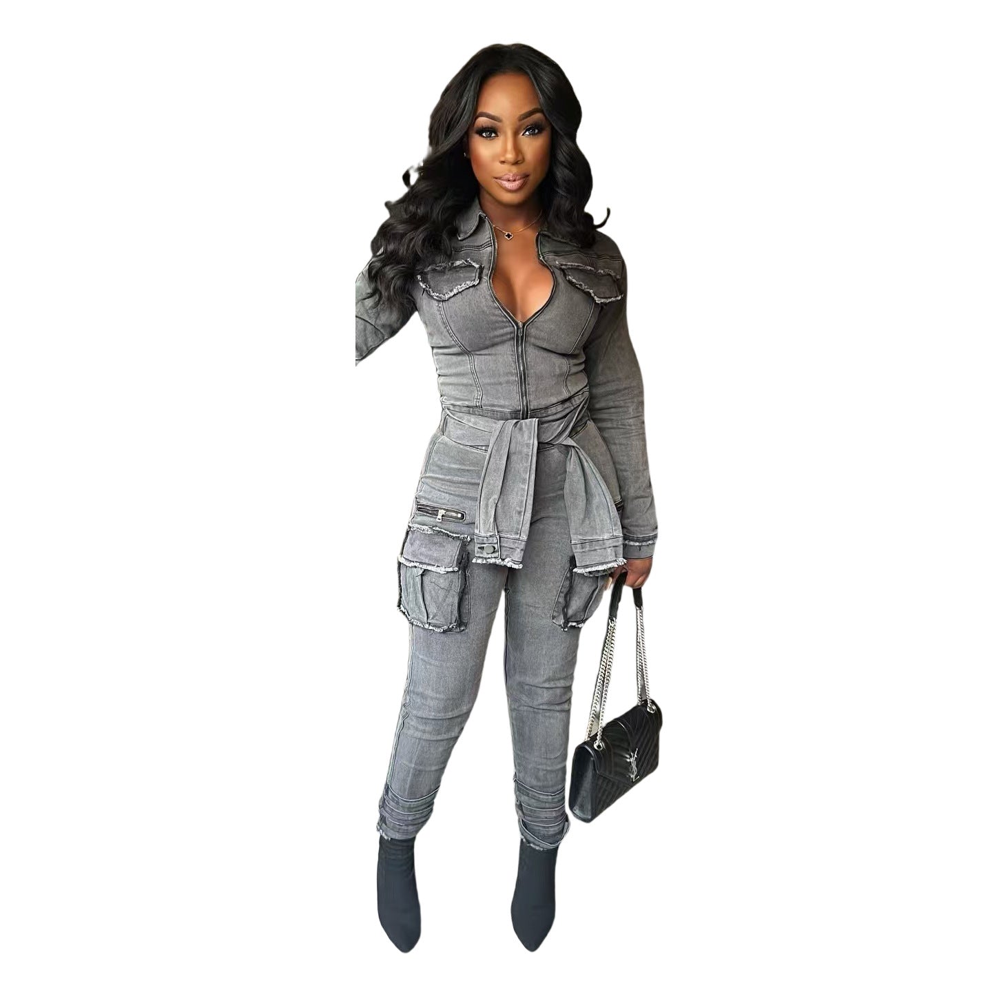 Women's Elegant Denim Stretch Slim Belt Jumpsuits