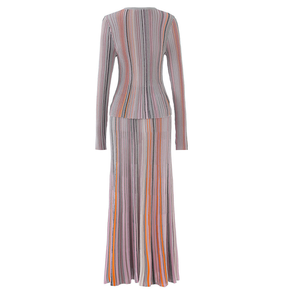 Color Matching Colorful Shiny Long Sleeves Small Round Neck Skirts