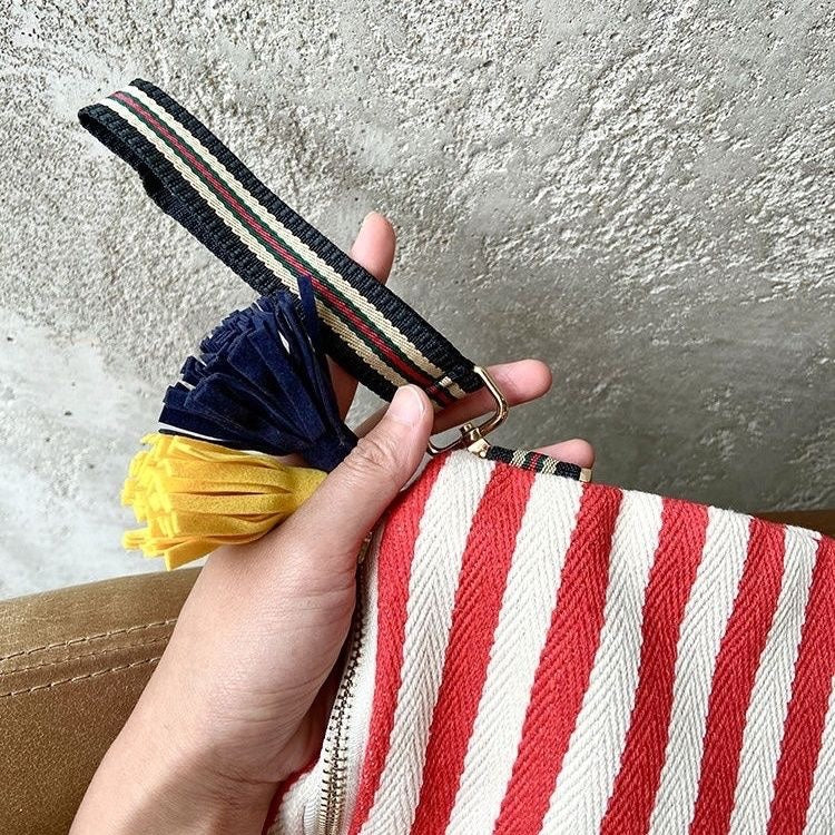 Large Capacity Handmade Personality Canvas Striped Tassel Handbags