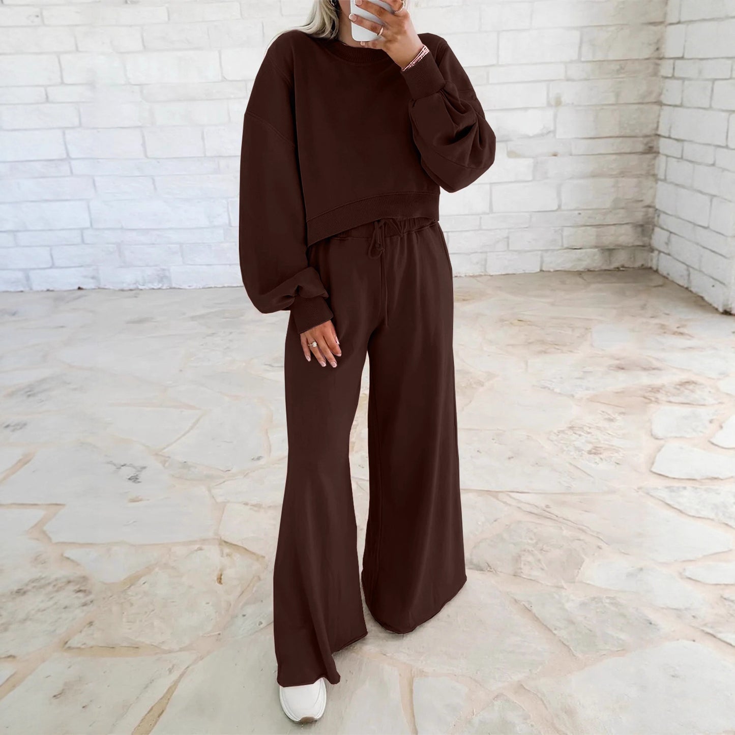 Women's Drop Shoulder Puff Sleeve Pullover Sweatshirt Suits