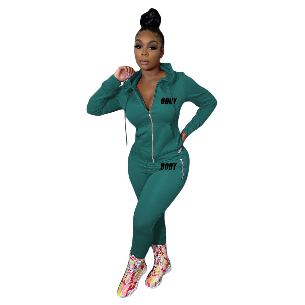 Women's Autumn Letters Printing Personality Zipper Two-piece Suits