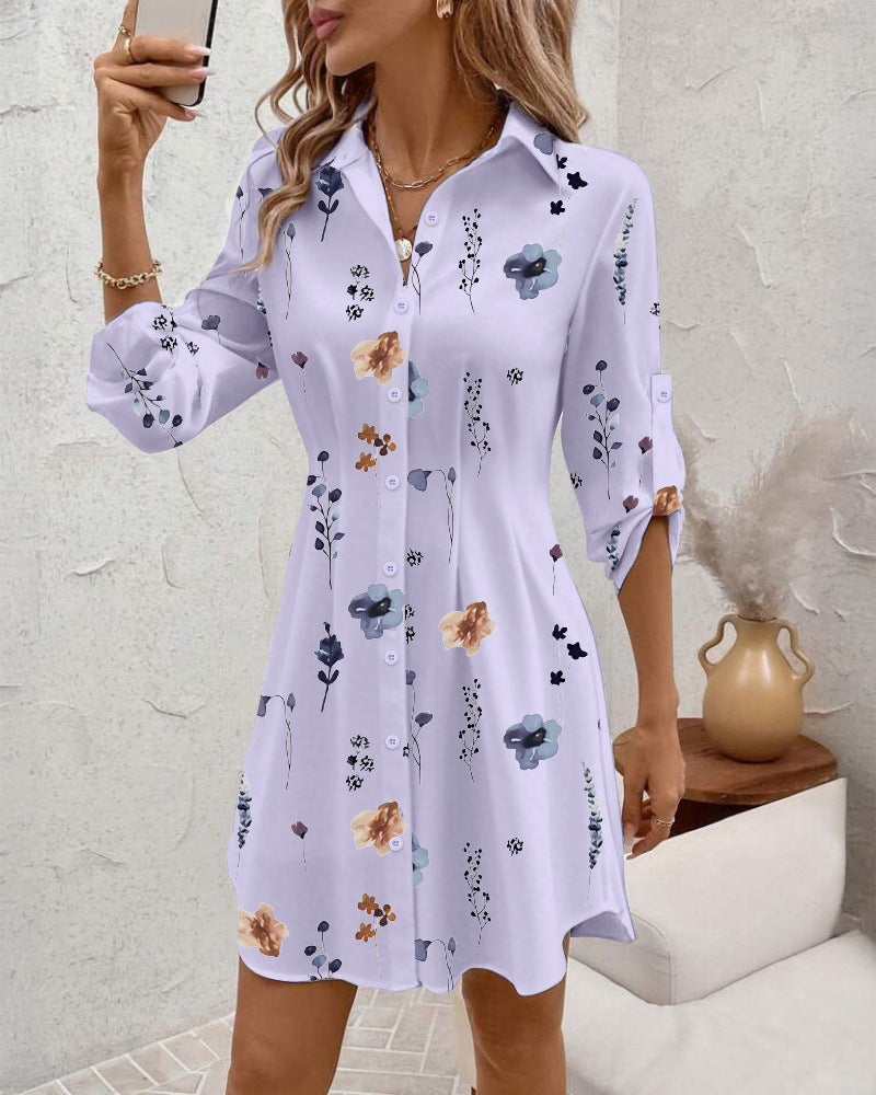Women's Versatile Commuter Floral Print Shirt Dress Dresses