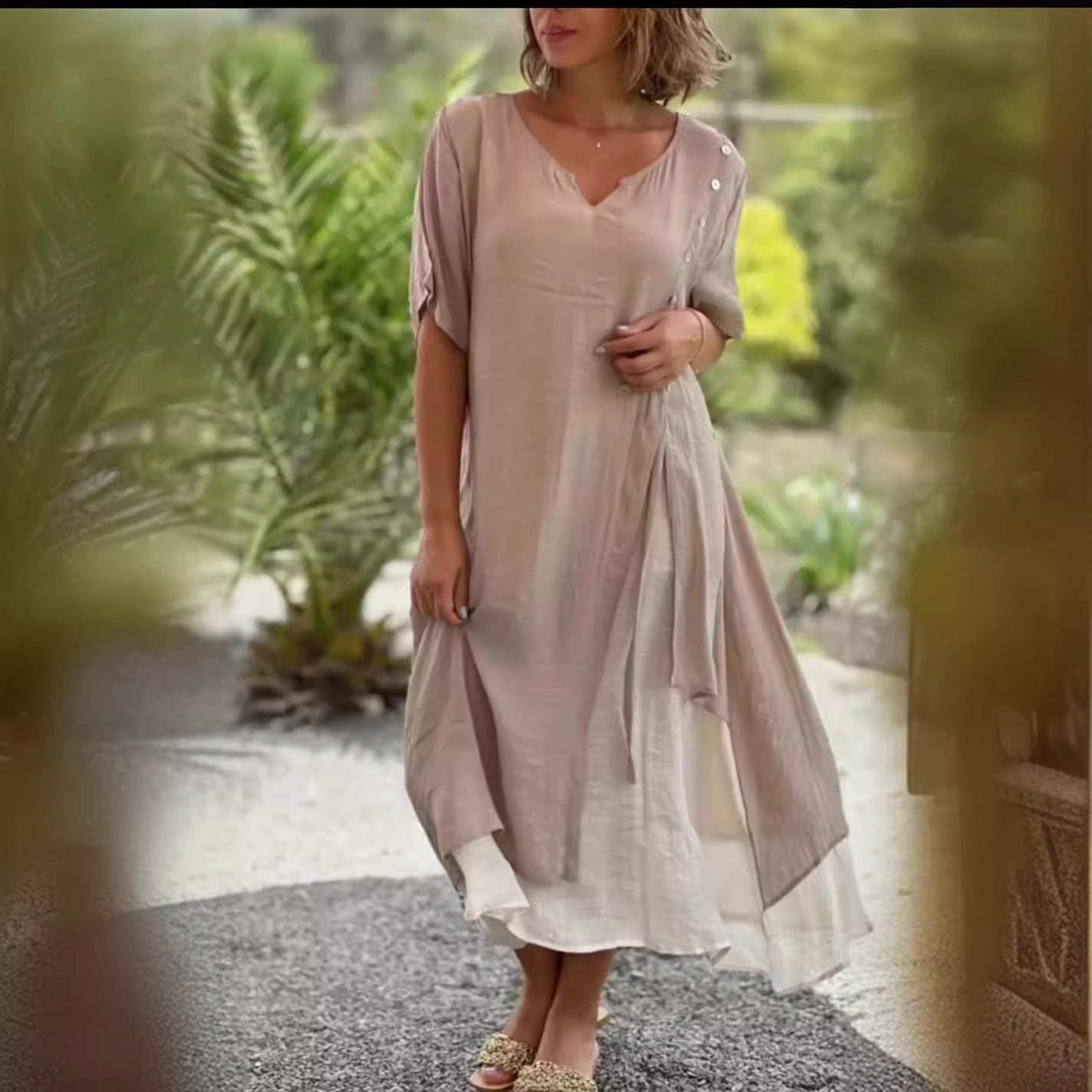 Women's Fashion Sleeve Fake Two-piece Asymmetric Dress Dresses