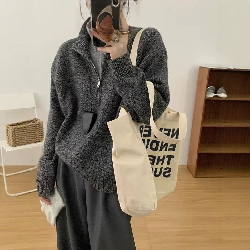 Women's Two-piece Half Zipped Stand Collar Design Sweaters