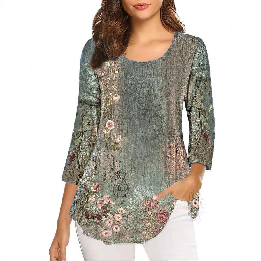 Autumn Three-quarter Sleeve Round Neck Printed Mid-length Bottoming Tops