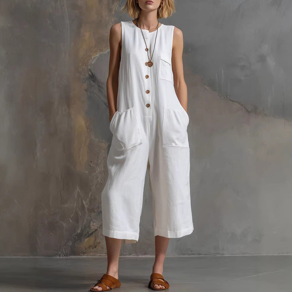 Casual Retro Sleeveless White Wide Leg Women's Jumpsuit/clothing