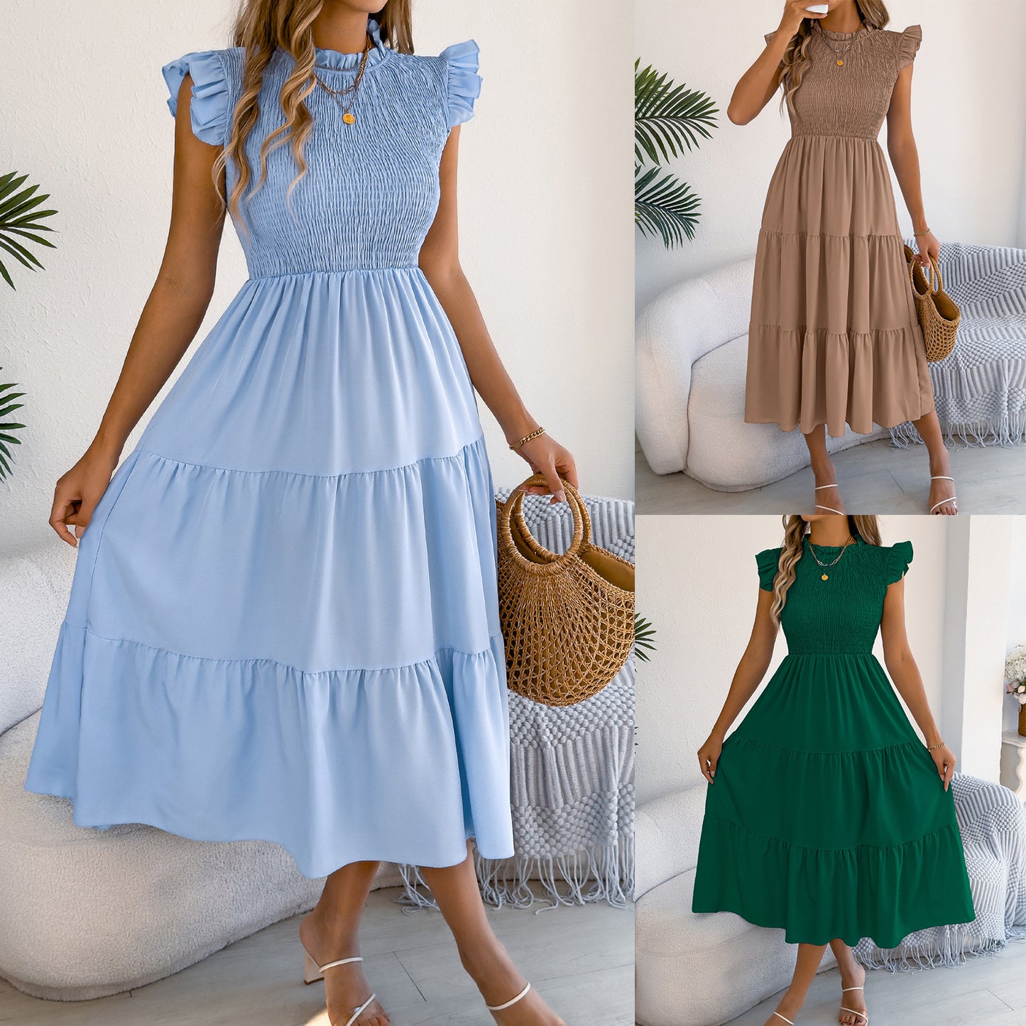 Women's Solid Color Stringy Seedge Flying Sleeves Smocking Dress