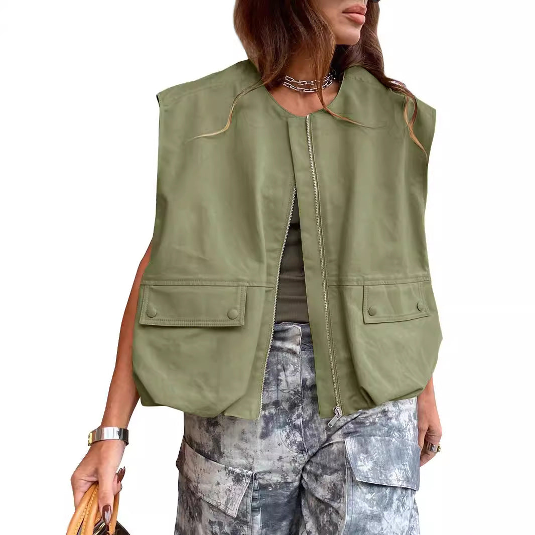 Women's Sleeveless Pocket Loose-fitting Waistcoat Zip Fashion Women's Vest